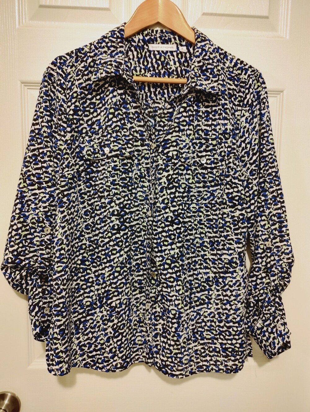 Notations Blue and White Abstract Print Button-Up Blouse